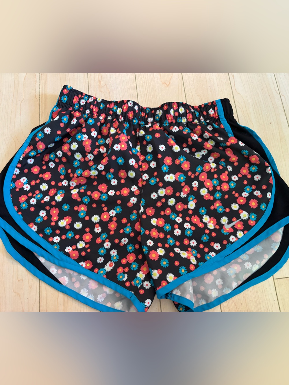 Nike Floral Athletic Running Shorts with Blue Trim